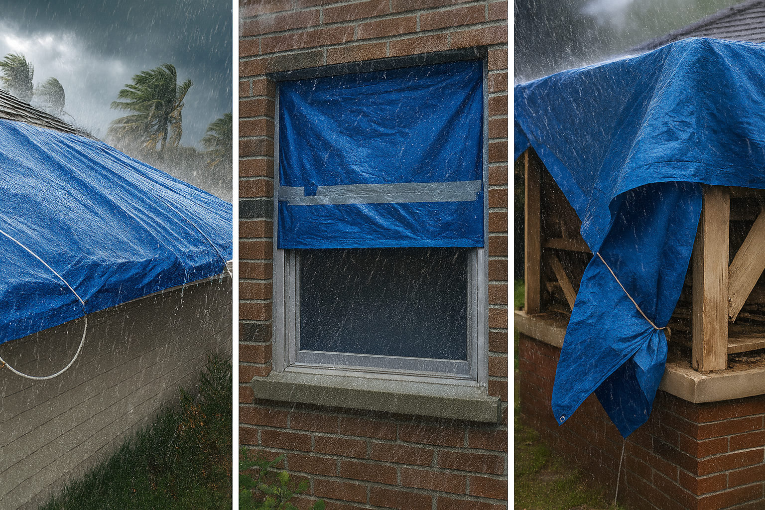 Series of tarps used to protect property in a storm