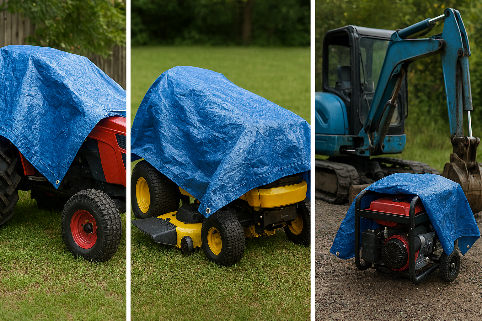 Heavy duty tarp protecting construction materials and equipment outdoors