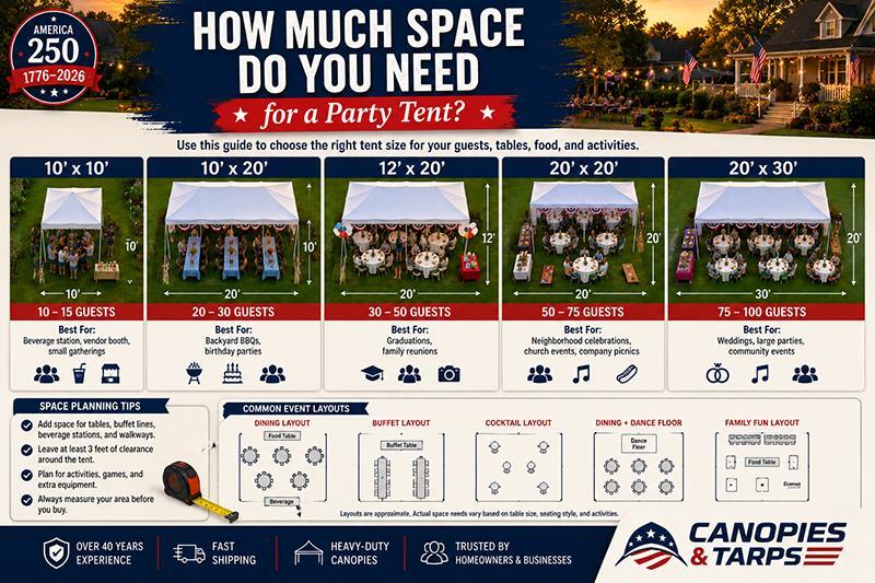 Party tent size guide showing recommended canopy sizes for 10 to 100 guests including 10x10, 10x20, 12x20, 20x20, and 20x30 event tents.