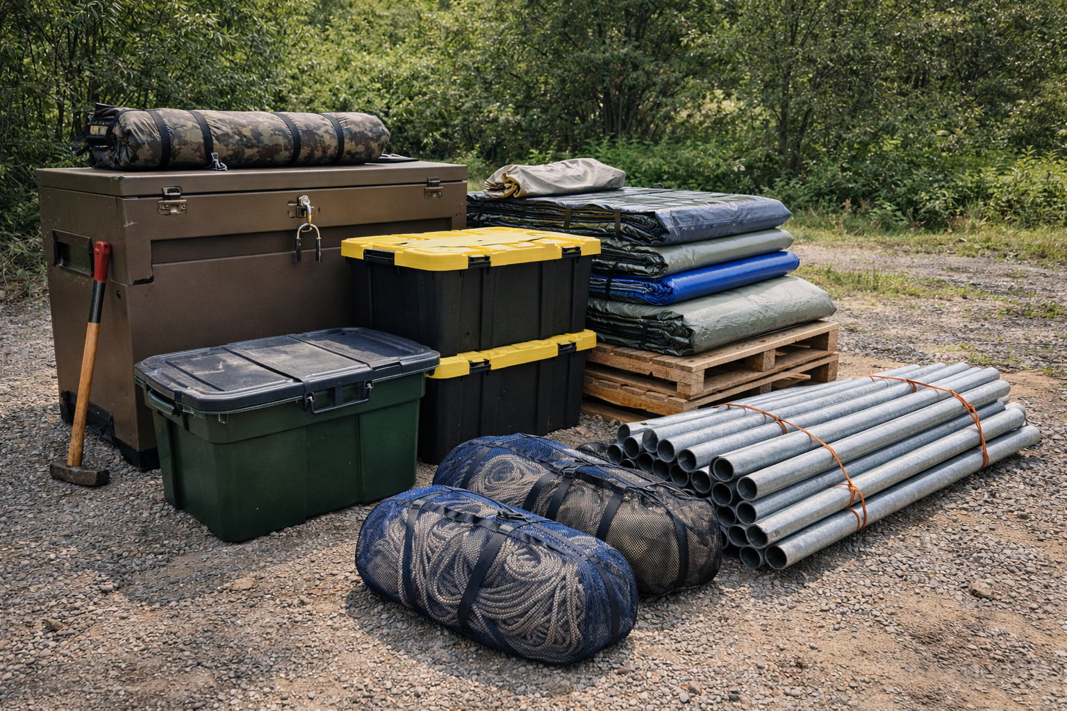 A well-organized outdoor storage setup featuring stacked tarps, lockable storage bins, mesh gear bags, and bundled galvanized steel pipes, designed to protect canopies and equipment from weather and environmental exposure.