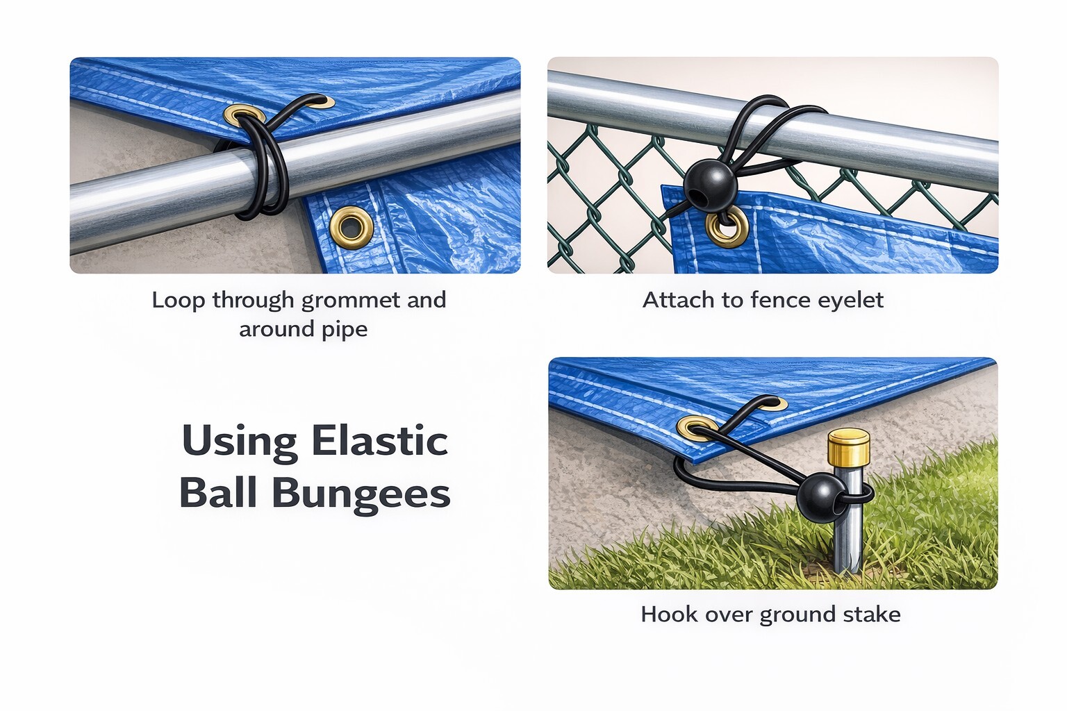 Illustrated diagram showing proper use of elastic ball bungees to secure tarps through grommets. Examples include attachment to pipes, fence rails, and ground stakes to allow flexibility, reduce grommet stress, and prevent tearing in windy conditions.