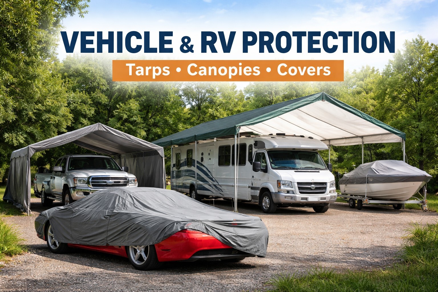 Outdoor vehicle and RV protection using heavy-duty tarps and canopy systems to shield cars, trucks, RVs, and boats from sun, rain, and weather exposure.